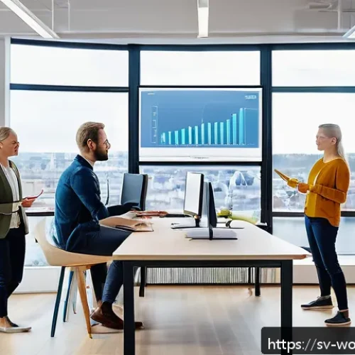 Home 30 고객의 목소리를 반영한 가치 제안 - A modern Scandinavian office environment with a diverse team of professionals collaborating around a...