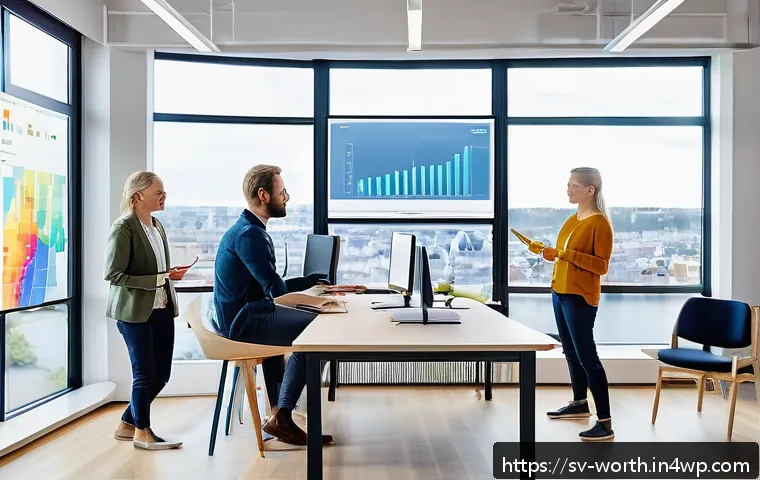 고객의 목소리를 반영한 가치 제안 - A modern Scandinavian office environment with a diverse team of professionals collaborating around a...