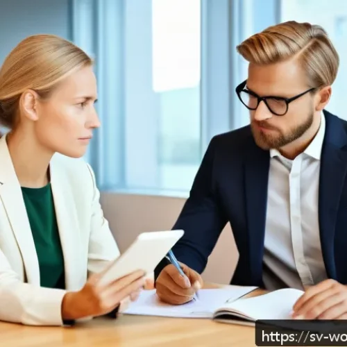 Home 17 고객과의 소통을 통한 가치 제안 강화 - A modern Scandinavian office scene showing a professional woman attentively listening to a middle-ag...
