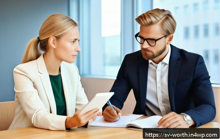 고객과의 소통을 통한 가치 제안 강화 - A modern Scandinavian office scene showing a professional woman attentively listening to a middle-ag...