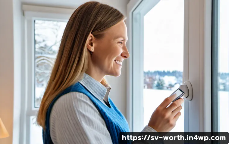 Home 17 가치 제안 예제를 통한 이해 - Photorealistic Swedish homeowner in a bright Scandinavian living room, smiling while adjusting a mod...